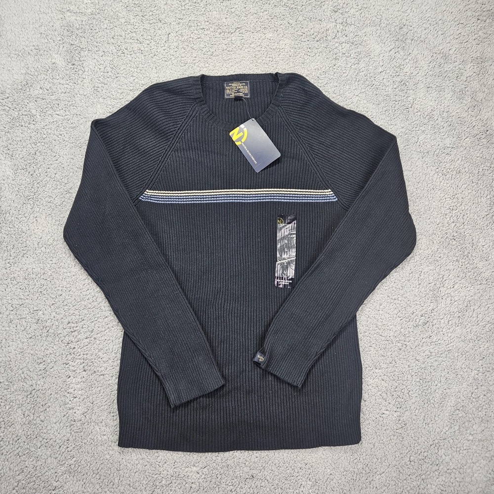 Nautica Jeans Co Ribbed Crewneck Sweater Black Striped Pullover Men's L NWT